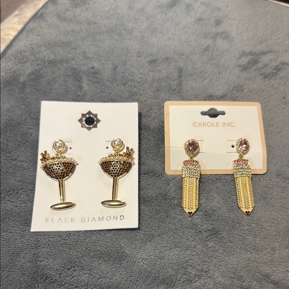 Black Diamond and Carole Inc. Gold Earrings